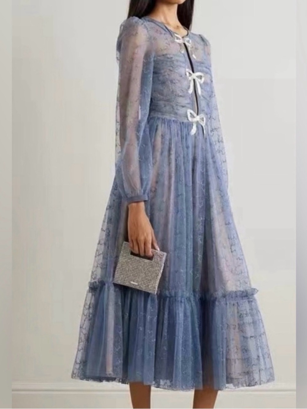 SALONI Powder Blue Lace Midi Dress with Bow Details